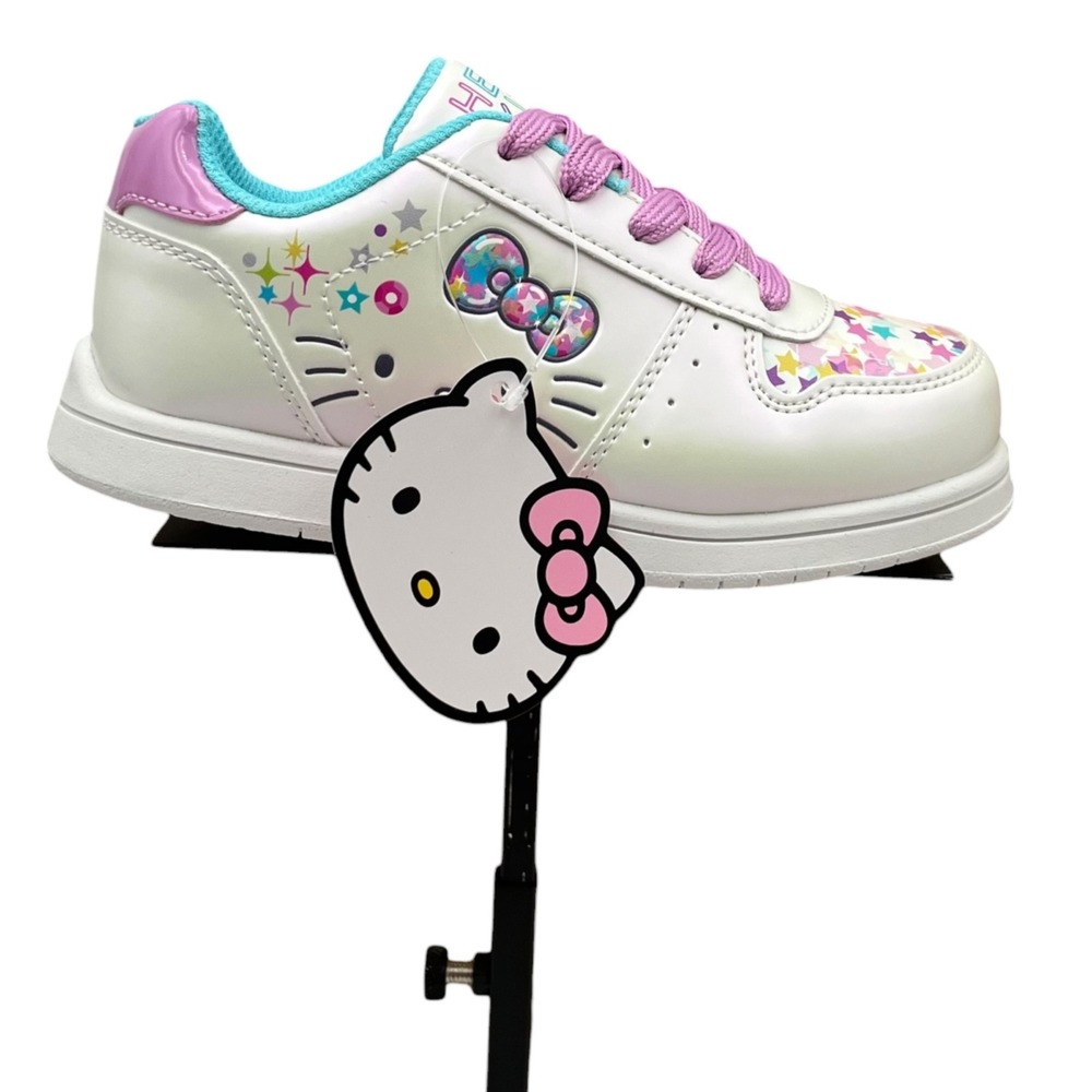 Hello Kitty Big Girls Casual Court Sneakers Size 1 White Lavender Lace-Up